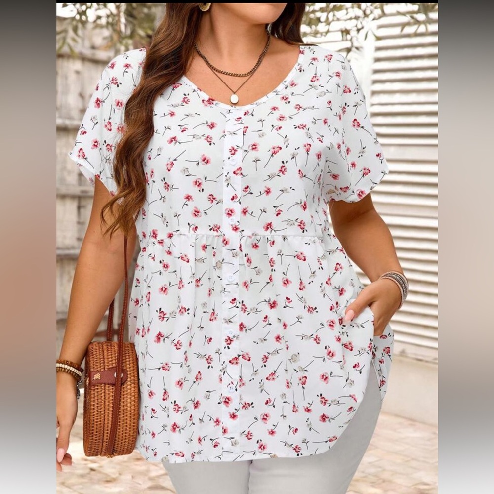 SHEIN White and Pink Puff Sleeve Blouse with Peter Pan Collar
